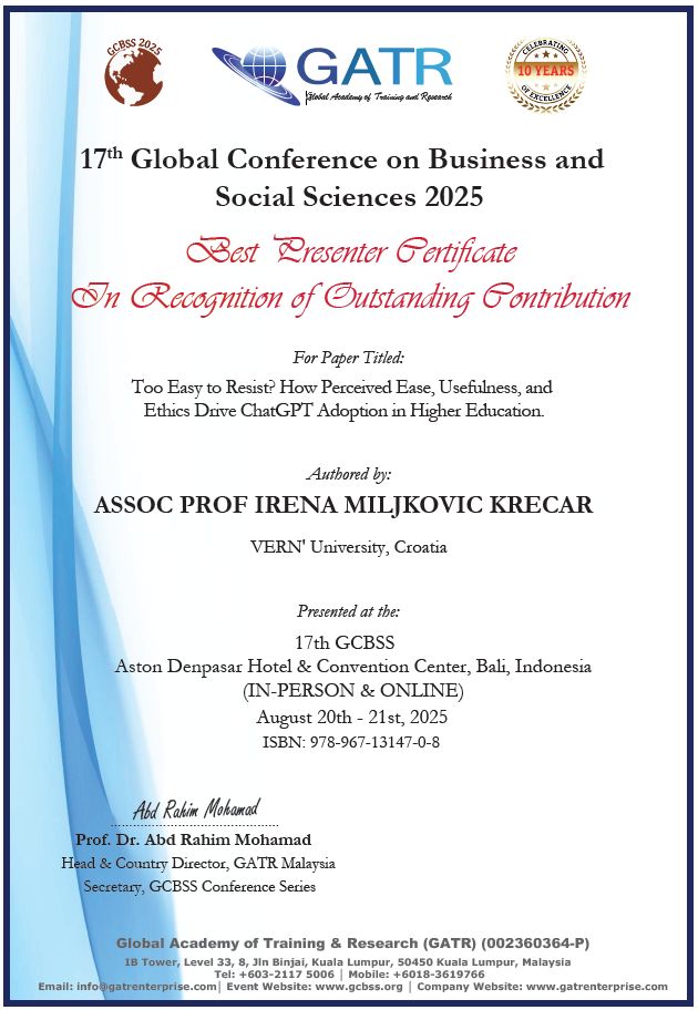 VERN'ove profesorice doc. dr. sc. Maja Kolega i izv. prof. dr. sc. Irena Miljković Krečar sudjelovale su na globalnoj konferenciji na Baliju