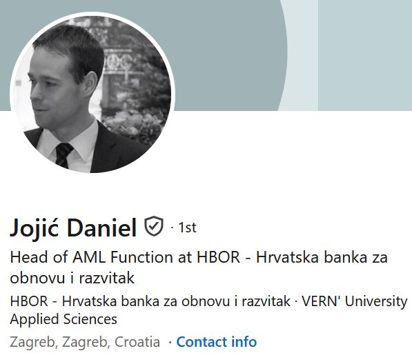 VERN' AlumniJojić Daniel Head of AML Function at HBOR - Hrvatska banka za obnovu i razvitak