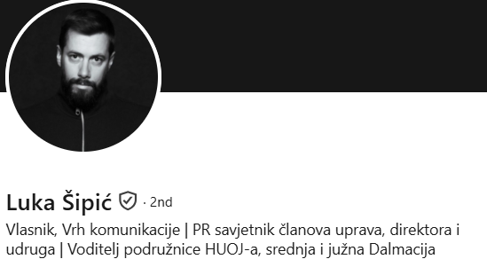 Luka Šipić, Vlasnik, Vrh komunikacije | PR savjetnik članova uprava, direktora i udruga | Voditelj podružnice HUOJ-a, srednja i južna Dalmacija, alumni Sveučilišta VERN'